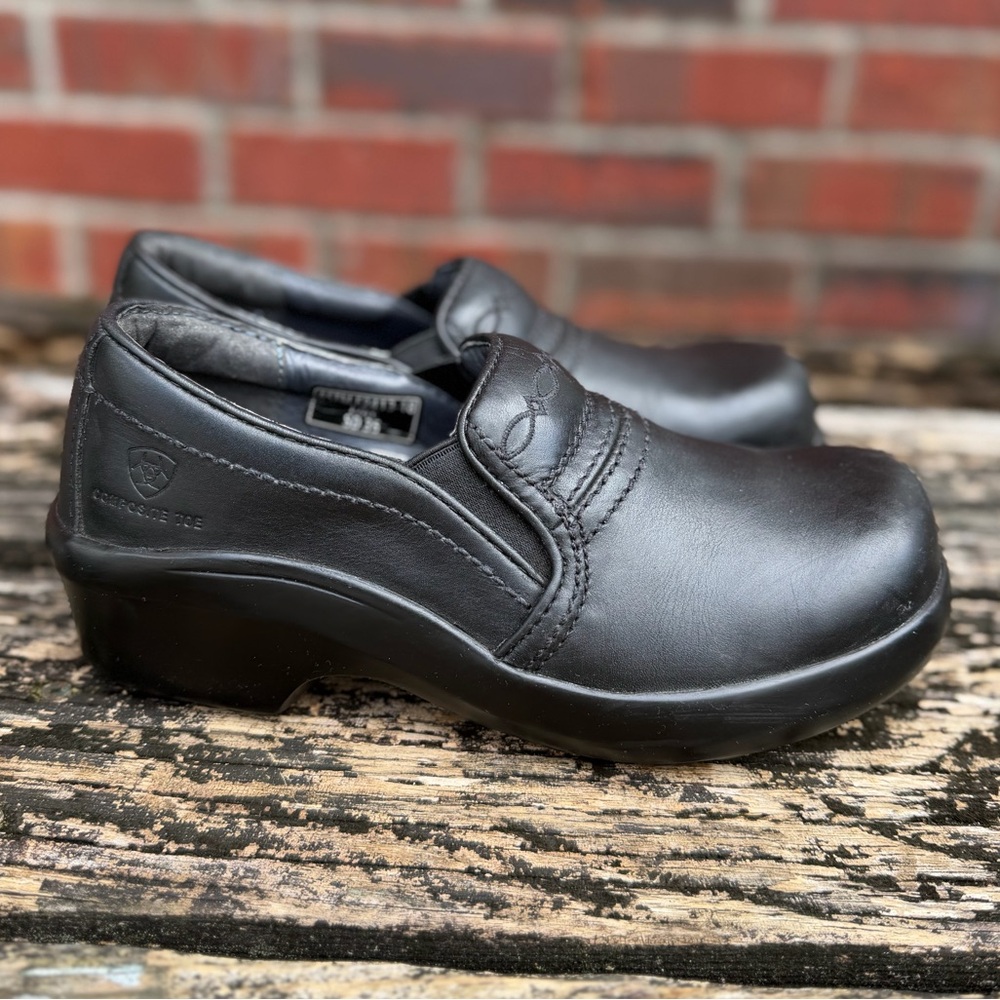 ARIAT EXPERT SAFETY CLOG Womens Sz 7 Black Leather SLIP-ON Composite Toe SHOE T9